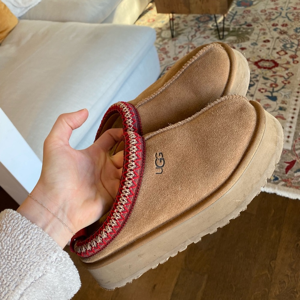 UGG Tan Suede Slippers with Red Trim